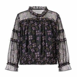 Calligraphie Whimsigoth Fairy XL Floral Mesh Top Black Purple Long Sheer Sleeve